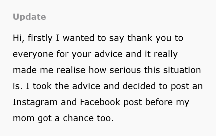 Text excerpt discussing a family conflict where a mom is upset about her birthday being forgotten and accuses her daughter-in-law.