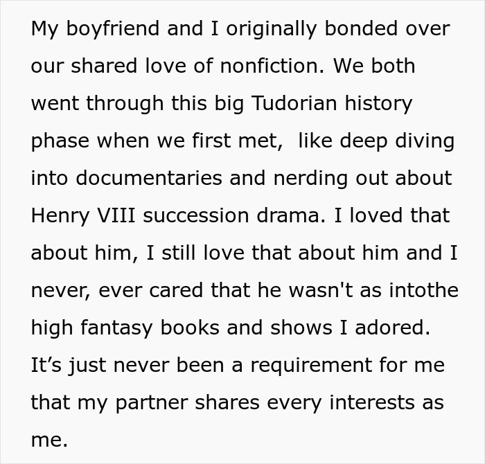 Text excerpt describing a couple bonding over nonfiction, contrasting with love for fiction and fantasy books. Text excerpt describing a couple bonding over nonfiction, contrasting with love for fiction and fantasy books.