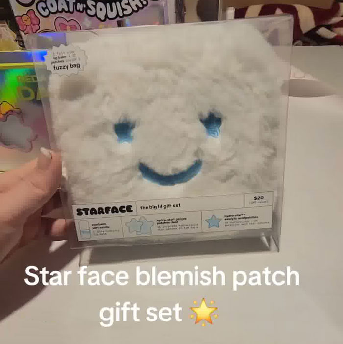 Plush star face blemish patch gift set held by hand, part of a Christmas gift haul for daughter collection. Plush star face blemish patch gift set held by hand, part of a Christmas gift haul for daughter collection.
