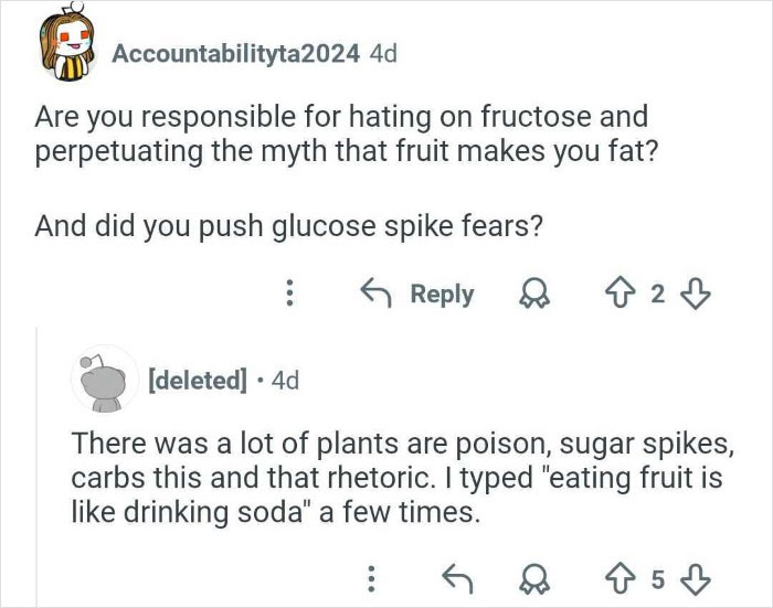 Reddit conversation from an ex-employee discrediting veganism discussing fruit myths and glucose spike fears online.
