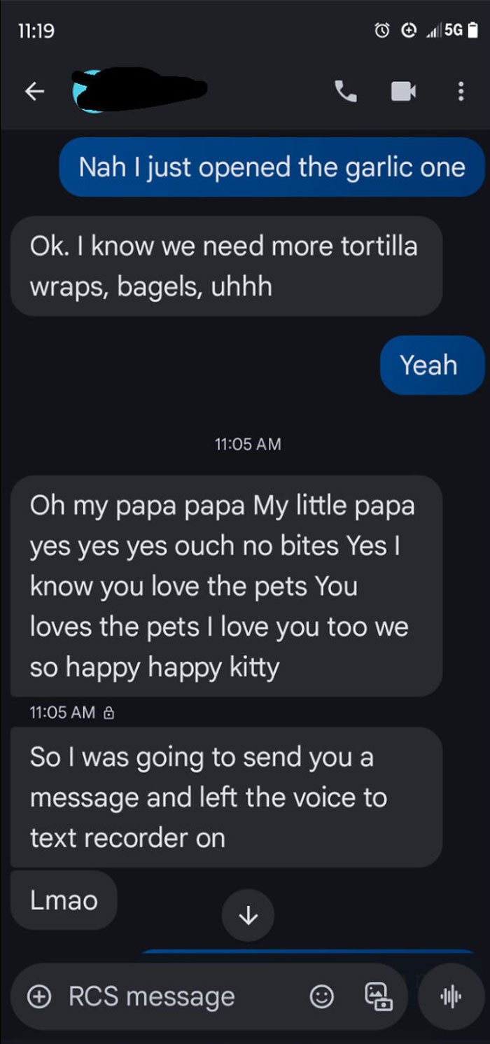 Screenshot of hilarious text message conversation with accidental voice-to-text recorder creating funny pet-related words.