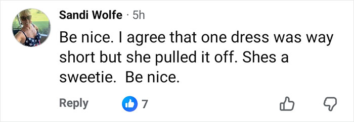 Comment from Sandi Wolfe defending Gwen Stefani's outfit choice at Rockefeller Tree Lighting, sparking discussion about appropriateness.