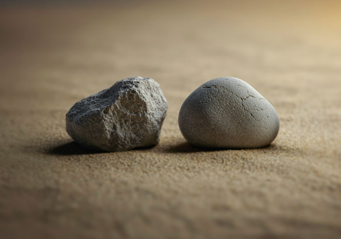 Two uniquely shaped rocks resting on sand, prompting people to question if they really saw these unusual things.