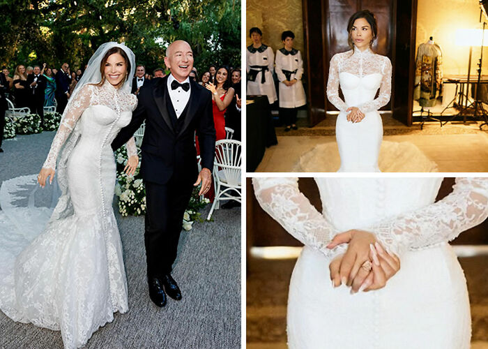 Bride and groom at wedding with a close-up of the bride's lace dress showing bizarre details in celebrities photos