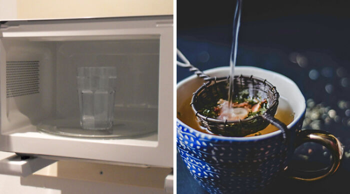 Microwave with a glass inside on the left and tea being poured into a blue cup with a strainer on the right, representing casual wear versus school uniforms.