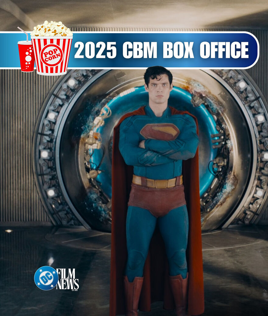 Superman standing with arms crossed in front of a vault door, representing 2025 pop culture moments and box office highlights.