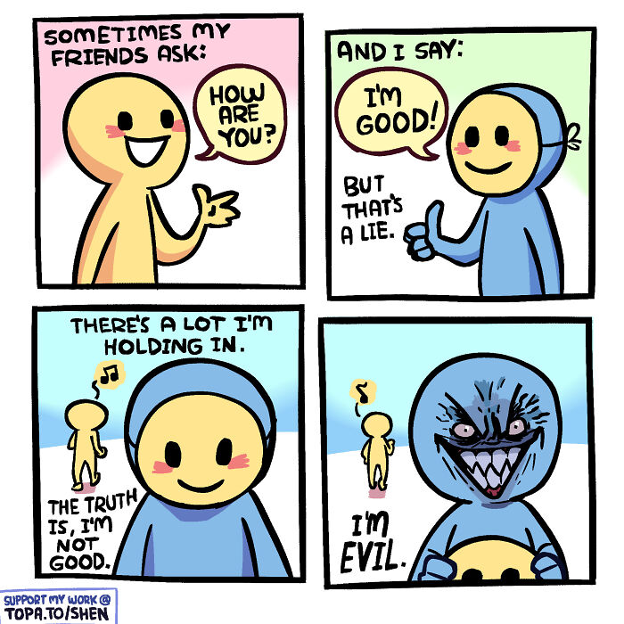 Comic panels from Shen Comix showing a character hiding true feelings behind a smile, illustrating adult life struggles.