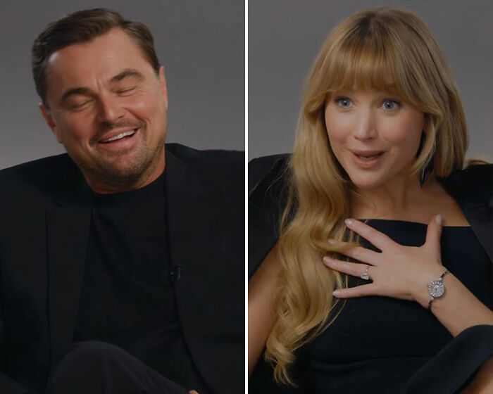 Leonardo DiCaprio smiling and Jennifer Lawrence reacting with surprise during a recent interview about dating history.