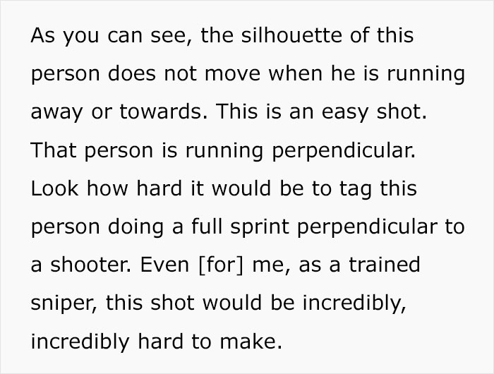 Text explaining how a person running perpendicular to a shooter is hard to target, relating to mass shooting survival tips. Text explaining how a person running perpendicular to a shooter is hard to target, relating to mass shooting survival tips.