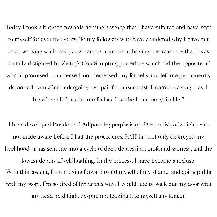 Linda Evangelista&rsquo;s Coolsculpting story explaining disfigurement and struggles after the Zeltiq procedure and corrective surgeries.
