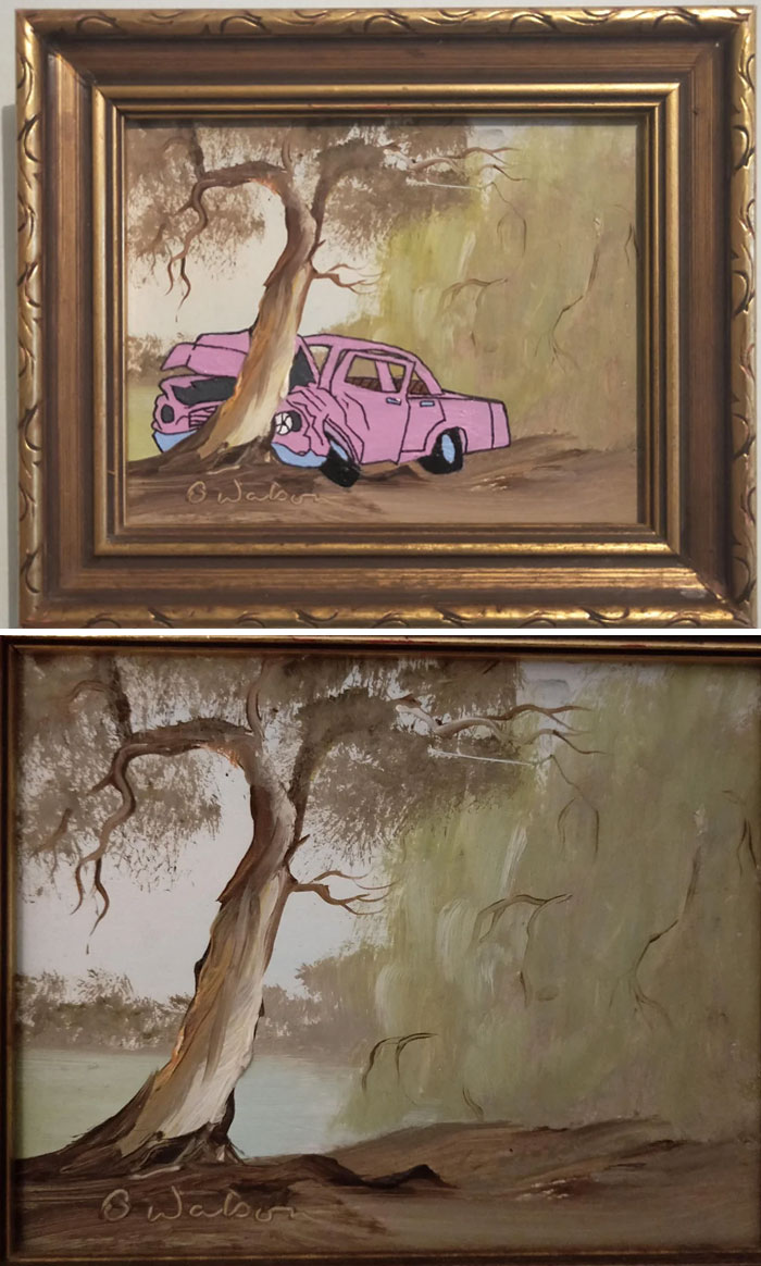 Thrifted painting of a tree and landscape personalized with a humorous pink car crashed into the tree illustration.