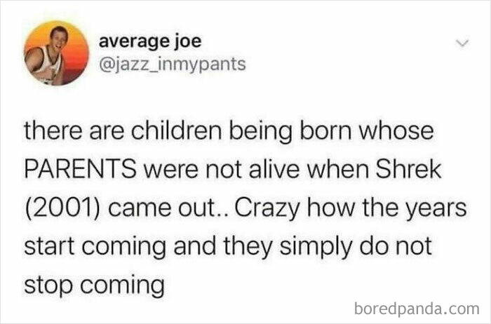 Screenshot of a chaotic non-political tweet reflecting on time passing and generations related to the movie Shrek.