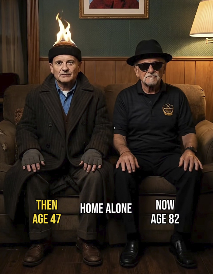 Two men sitting on a couch showing then and now ages with one wearing a flaming hat, illustrating a Home Alone viral video. Two men sitting on a couch showing then and now ages with one wearing a flaming hat, illustrating a Home Alone viral video.