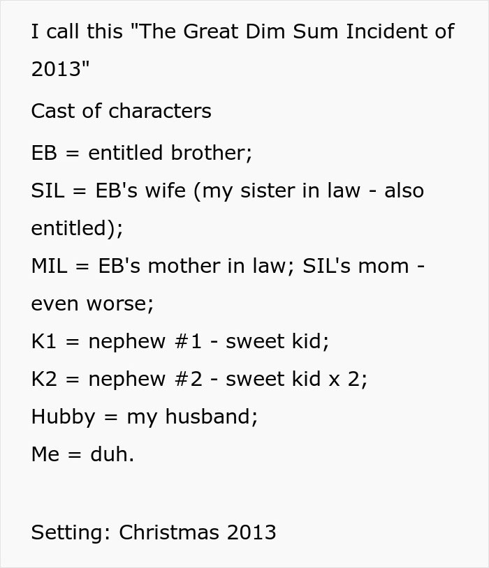 Text explaining family roles in a holiday story involving an entitled brother and a dinner payment conflict.