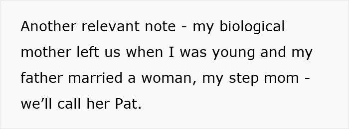 Text excerpt about a mom, stepmom Pat, and family dynamics related to a Disney trip exclusion.