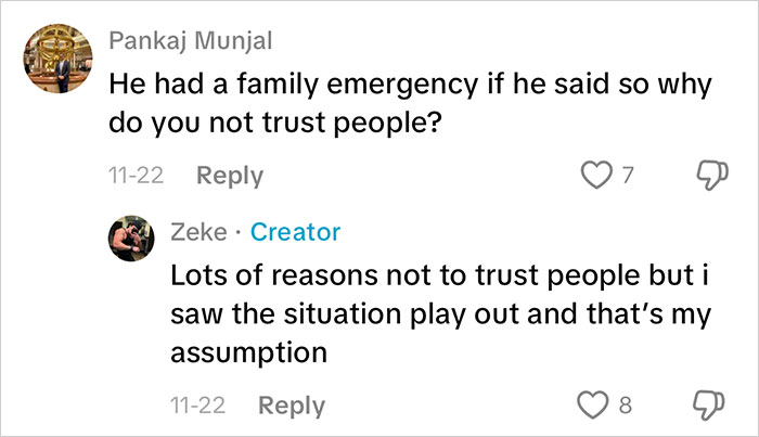 Comments discussing trust issues after waiter serves first date disaster in a social media thread. Comments discussing trust issues after waiter serves first date disaster in a social media thread.