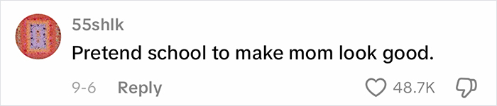 Comment on viral homeschool clip questioning parenting choices with 48.7K likes expressing skepticism about homeschooling.