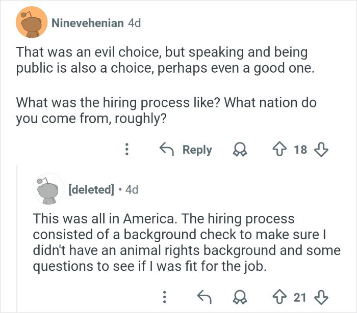 Reddit conversation showing an ex-employee discussing hiring process and sharing insights on discrediting veganism online.
