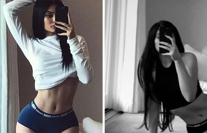 Celebrity taking mirror selfies showing bizarre details in photos with unusual poses and clothing choices.