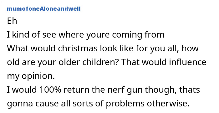 Commenter discussing mom’s punishment of no Christmas gifts for 7-year-old and concerns about parenting decisions online. Commenter discussing mom’s punishment of no Christmas gifts for 7-year-old and concerns about parenting decisions online.