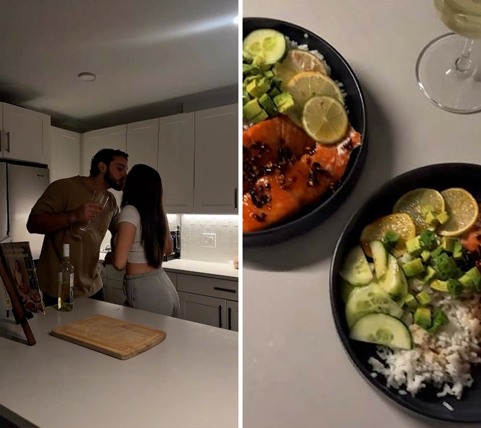 Couple sharing a moment and enjoying a homemade meal in the kitchen for at-home date night ideas.
