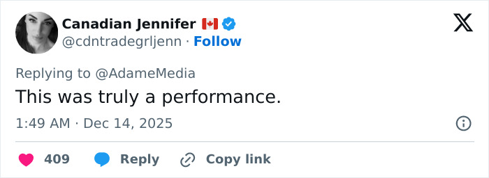 Tweet from Canadian Jennifer praising a performance, related to Erika Kirk's curated moment with husband Charlie's body slam.