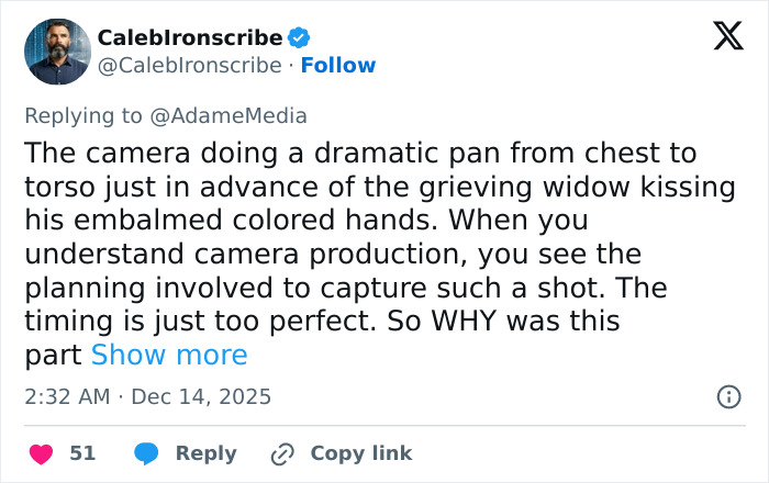 Tweet by CalebIronscribe discussing camera work capturing a widow&rsquo;s emotional moment, related to Erika Kirk&rsquo;s curated moment.