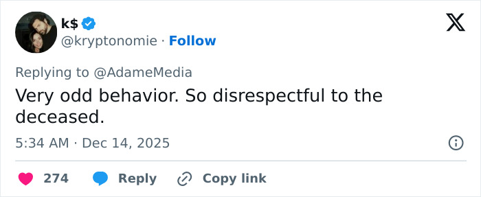 Tweet showing user k$ criticizing Erika Kirk's curated moment with husband Charlie's body slammed as disrespectful to the deceased.