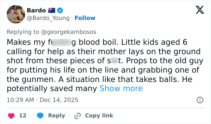 Tweet showing tribute to Bondi Beach hero disarming attacker during Hanukkah event, highlighting bravery and saving lives. Tweet showing tribute to Bondi Beach hero disarming attacker during Hanukkah event, highlighting bravery and saving lives.