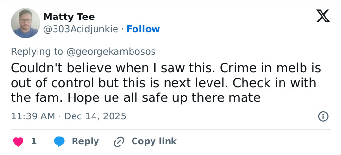 Screenshot of a Twitter reply discussing crime concerns, related to the Bondi Beach hero disarming attacker during Hanukkah event. Screenshot of a Twitter reply discussing crime concerns, related to the Bondi Beach hero disarming attacker during Hanukkah event.