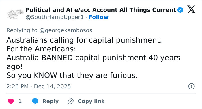 Tweet discussing Australians' reaction and capital punishment debate amid Bondi Beach hero disarming attacker during Hanukkah event. Tweet discussing Australians' reaction and capital punishment debate amid Bondi Beach hero disarming attacker during Hanukkah event.