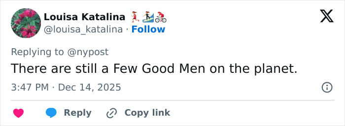 Tweet from Louisa Katalina praising the Bondi Beach hero who disarmed attacker during Hanukkah event. Tweet from Louisa Katalina praising the Bondi Beach hero who disarmed attacker during Hanukkah event.