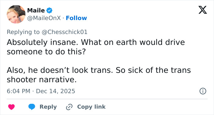 Tweet showing user Maile reacting to a shocking event, discussing attacker and shooter narrative during Bondi Beach incident. Tweet showing user Maile reacting to a shocking event, discussing attacker and shooter narrative during Bondi Beach incident.