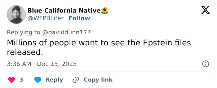 Tweet from Blue California Native calling for Epstein files release, related to MAGA hypocrisy and Rob Reiner's slaying discussion.