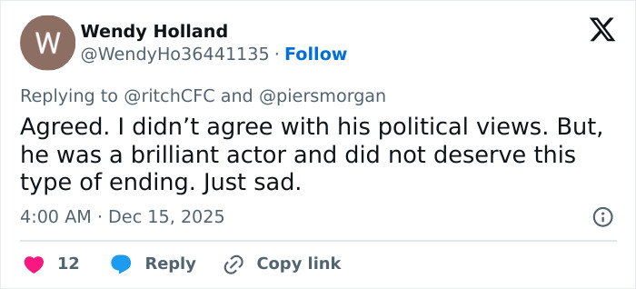 Twitter user Wendy Holland responds to political views and slaying, highlighting MAGA hypocrisy and mentioning Rob Reiner and Charlie Kirk.