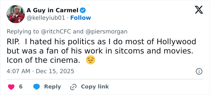 Tweet discussing Rob Reiner's politics and work in sitcoms and movies amid MAGA hypocrisy debate.