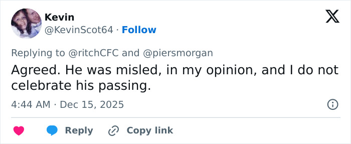 Tweet from Kevin discussing opinions on Rob Reiner's slaying and comparing MAGA hypocrisy in the debate.
