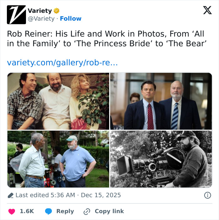 Rob Reiner with Eric Idle and Hollywood icon in various film and behind-the-scenes moments captured in photos.