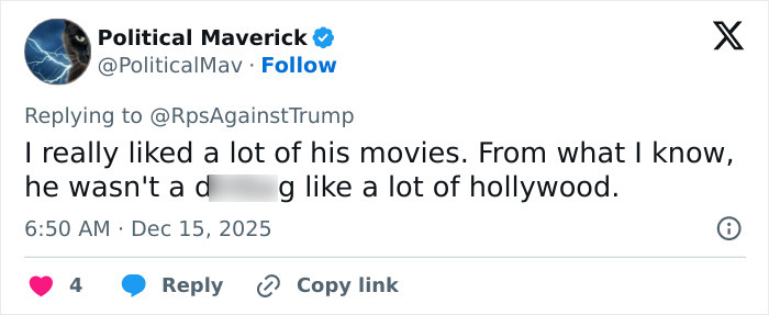 Tweet from Political Maverick discussing Rob Reiner&rsquo;s movies amid MAGA hypocrisy debate compared to Charlie Kirk.