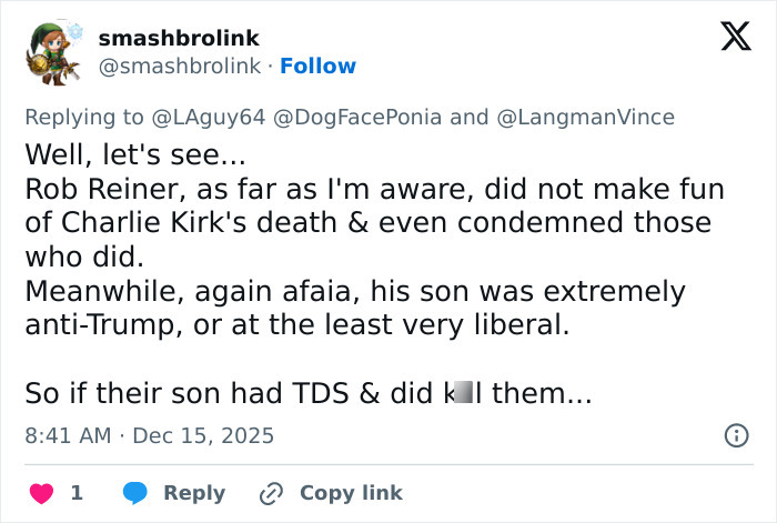 Tweet discussing MAGA hypocrisy, Rob Reiner&rsquo;s slaying, and contrasting views on Charlie Kirk&rsquo;s death.