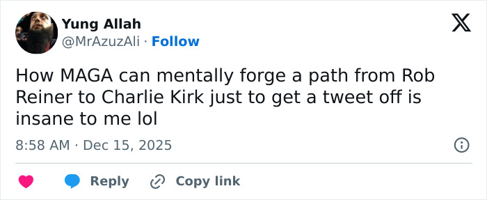 Tweet discussing MAGA hypocrisy comparing Rob Reiner and Charlie Kirk in a critical political commentary.