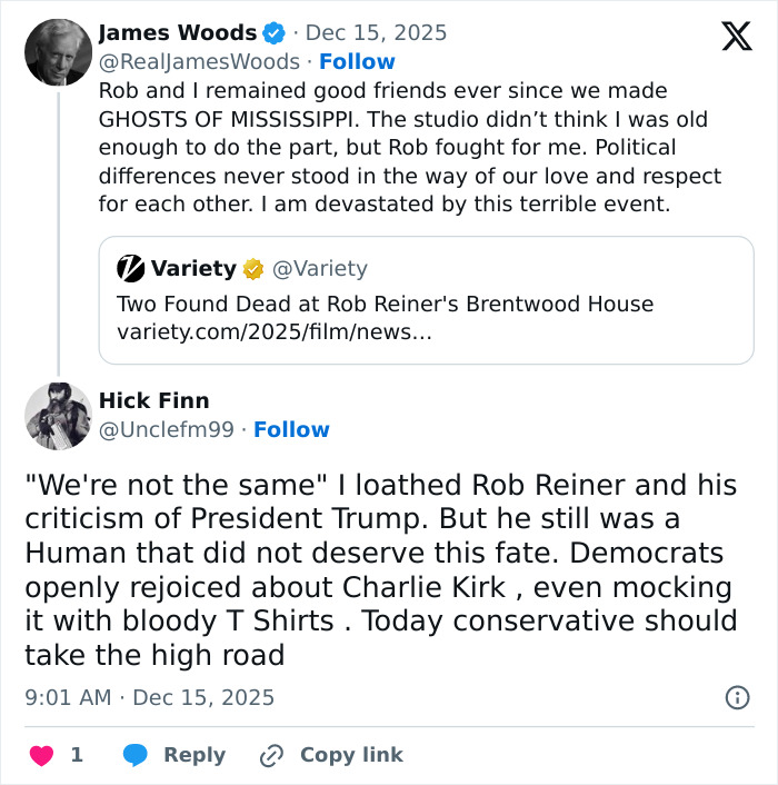 Twitter reactions highlight MAGA hypocrisy in responses to Rob Reiner's slaying compared to Charlie Kirk's treatment.