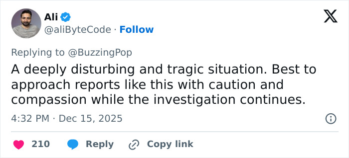Tweet from Ali discussing a tragic situation related to Rob Reiner and son Nick fighting at Conan O’Brien’s Christmas party. Tweet from Ali discussing a tragic situation related to Rob Reiner and son Nick fighting at Conan O’Brien’s Christmas party.