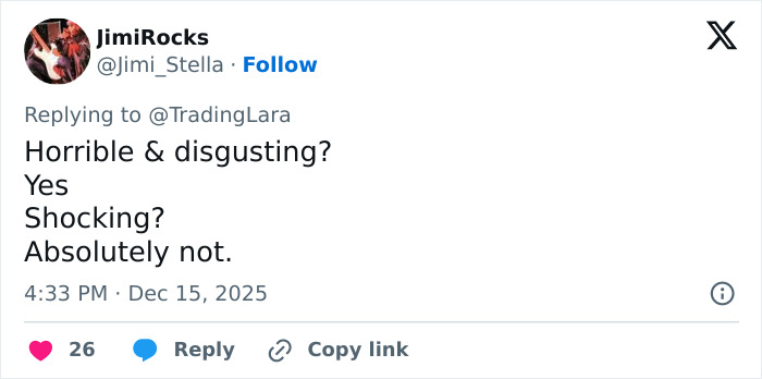 Tweet showing user JimiRocks calling a Trump post about Rob Reiner and wife passing from TDS horrible and disgusting. Tweet showing user JimiRocks calling a Trump post about Rob Reiner and wife passing from TDS horrible and disgusting.