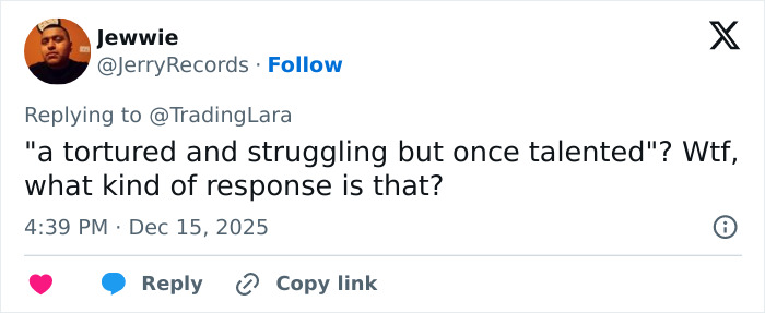 Screenshot of a tweet criticizing a response amid Trump under fire for post about Rob Reiner and wife passing from TDS. Screenshot of a tweet criticizing a response amid Trump under fire for post about Rob Reiner and wife passing from TDS.
