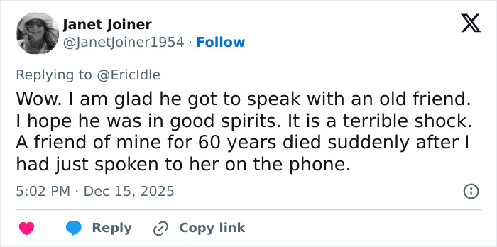 Screenshot of a tweet reacting to Eric Idle revealing Hollywood icon&rsquo;s last words before passing.