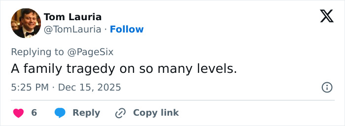 Tweet by Tom Lauria commenting on a family tragedy related to Rob Reiner and son Nick’s fight at a Christmas party. Tweet by Tom Lauria commenting on a family tragedy related to Rob Reiner and son Nick’s fight at a Christmas party.