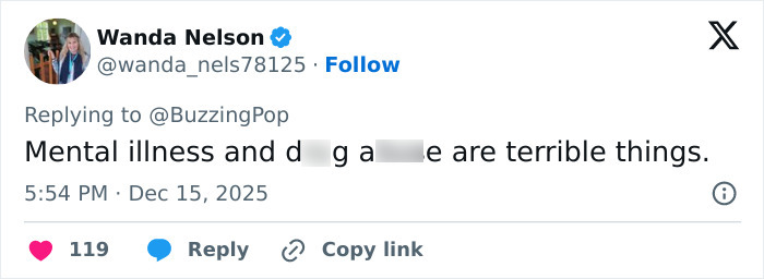 Tweet by Wanda Nelson discussing mental illness and d**g a***e, related to Rob Reiner and son Nick's fight at Christmas party. Tweet by Wanda Nelson discussing mental illness and d**g a***e, related to Rob Reiner and son Nick's fight at Christmas party.