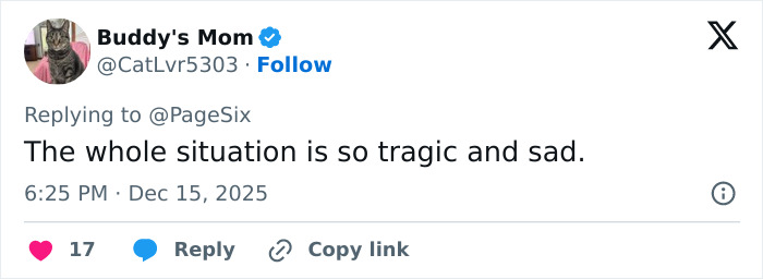 Tweet text from Buddy's Mom expressing sadness over Rob Reiner and son Nick fighting at Conan O’Brien’s Christmas party before a fatal incident. Tweet text from Buddy's Mom expressing sadness over Rob Reiner and son Nick fighting at Conan O’Brien’s Christmas party before a fatal incident.