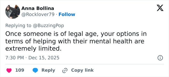 Tweet by Anna Bollina discussing limited options for helping adult mental health, related to Rob Reiner and son Nick conflict. Tweet by Anna Bollina discussing limited options for helping adult mental health, related to Rob Reiner and son Nick conflict.